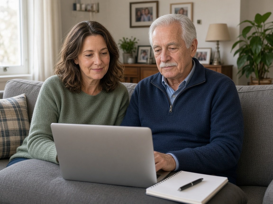 A daughter helps her father look over his Medicare choices on a laptop at home
