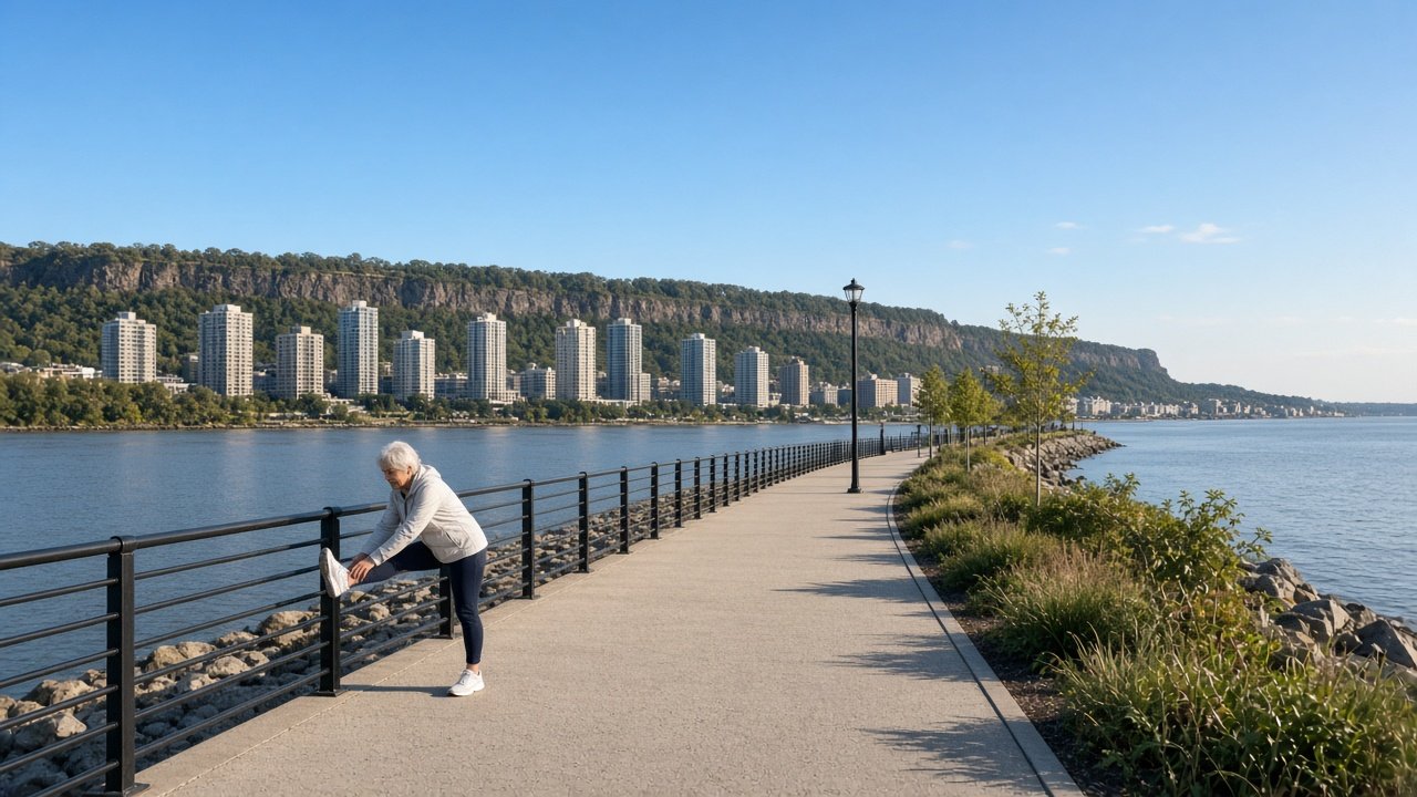 An older woman stretches on the riverside walkway below the Palisades on a sunny morning