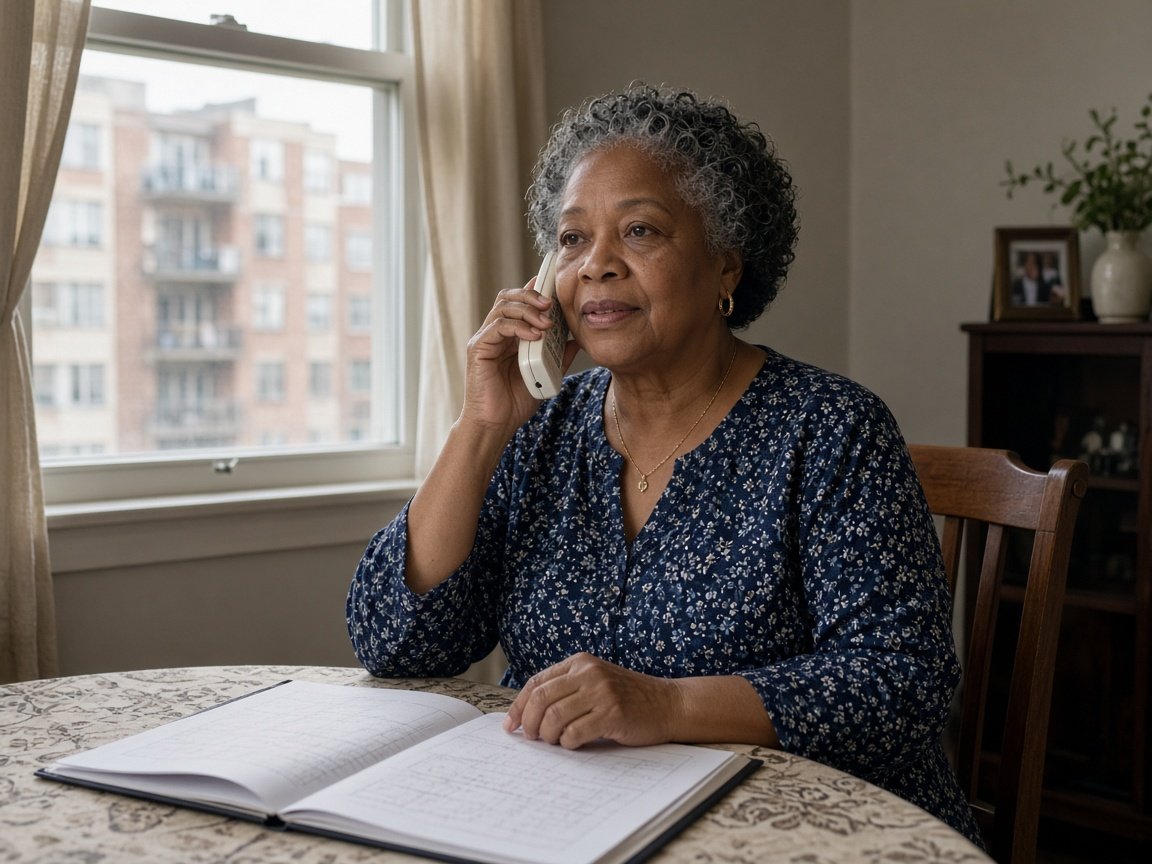 An older woman talks on the phone at her dining table with an open notebook