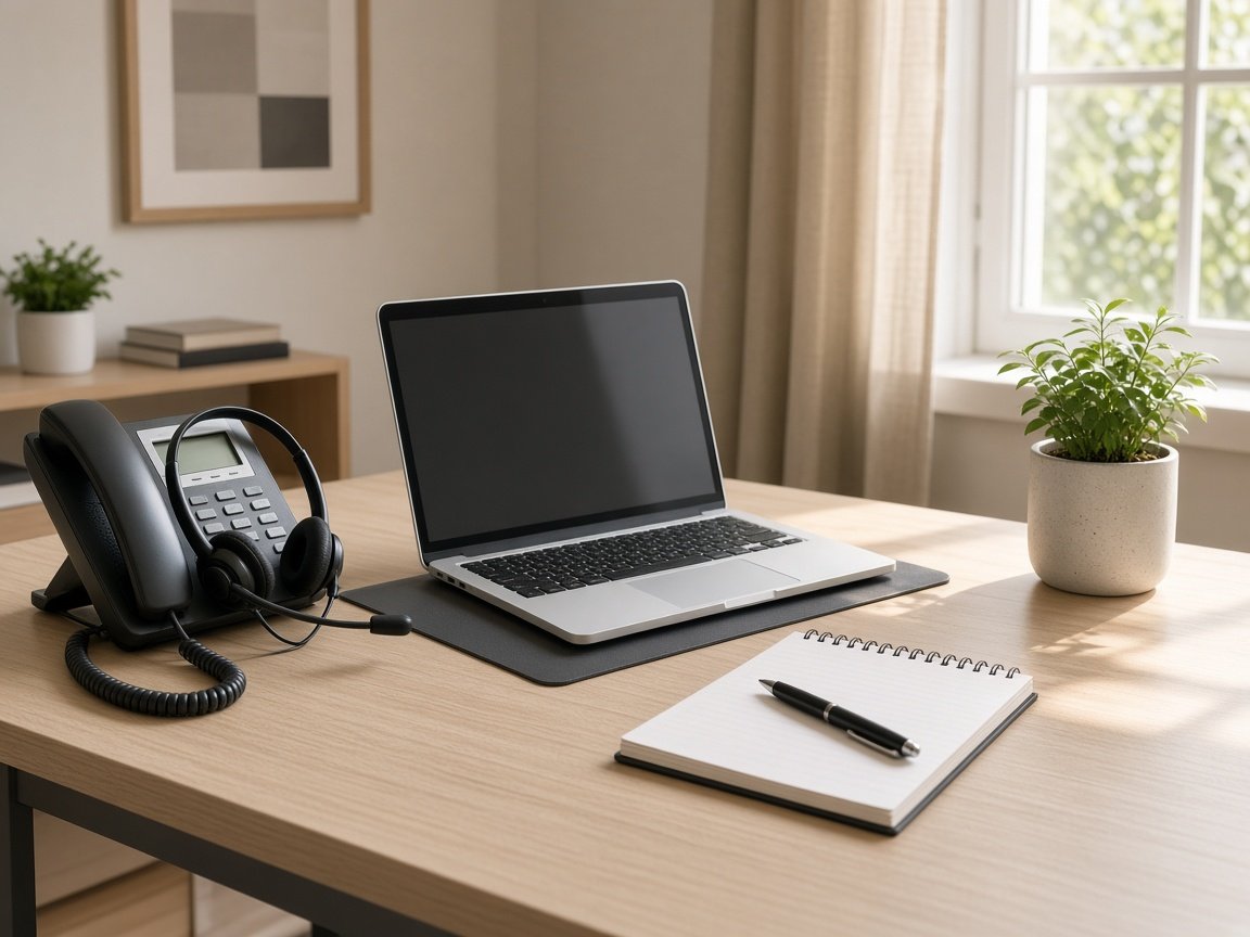 A tidy office desk with a phone headset, laptop and notepad by a sunny window