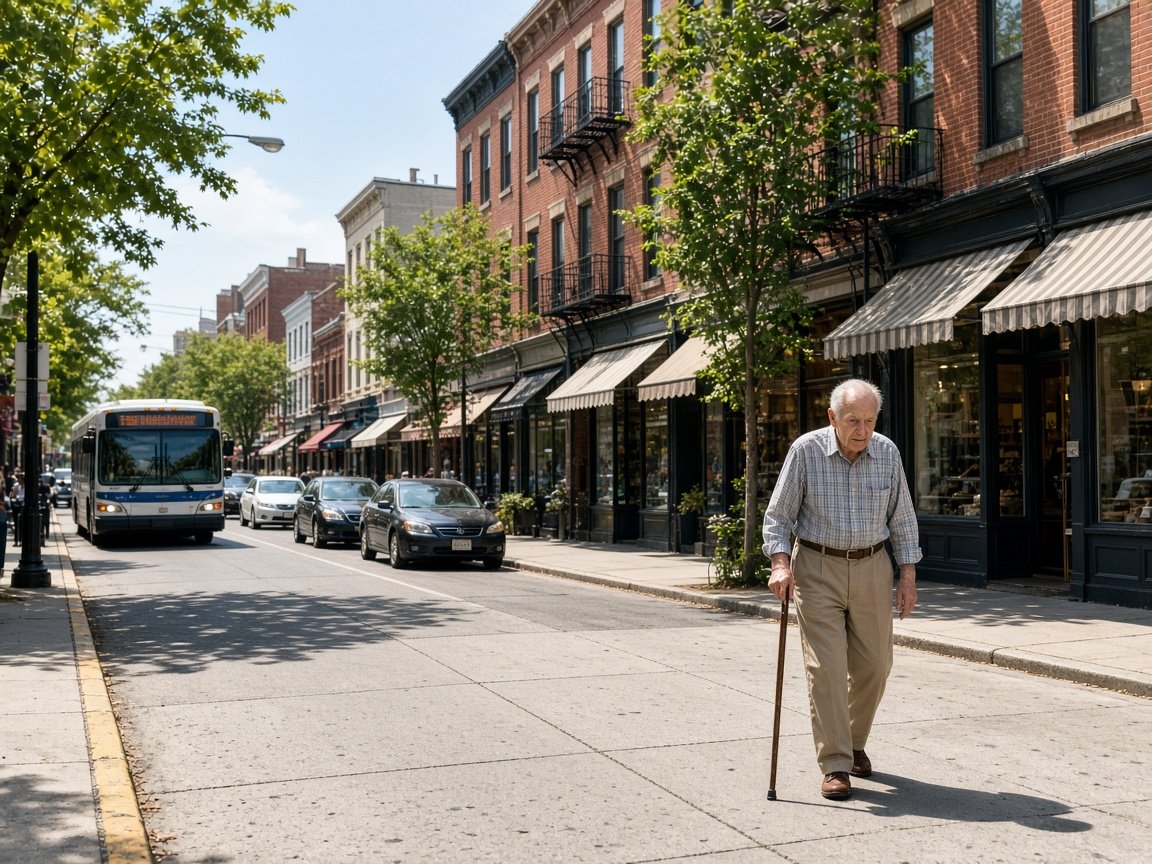 An older man with a cane walks along a busy shopping avenue